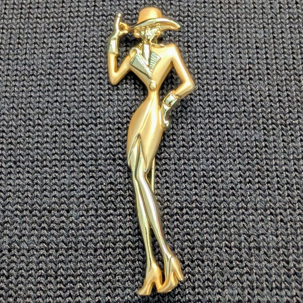 Vtg AJC Goldtone Brooch Pin Figural Stylish Woman Lady Shoulder Pads Fedora